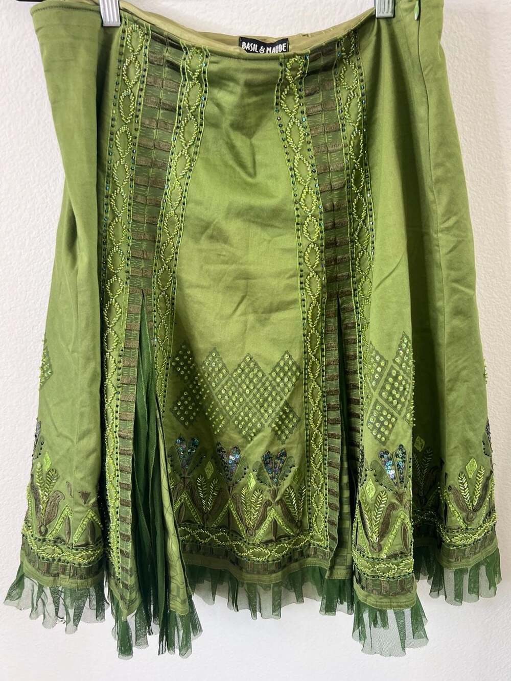 Olive Green Boho Fairycore Beaded and Embroidered Pleated Knee Length Skirt with